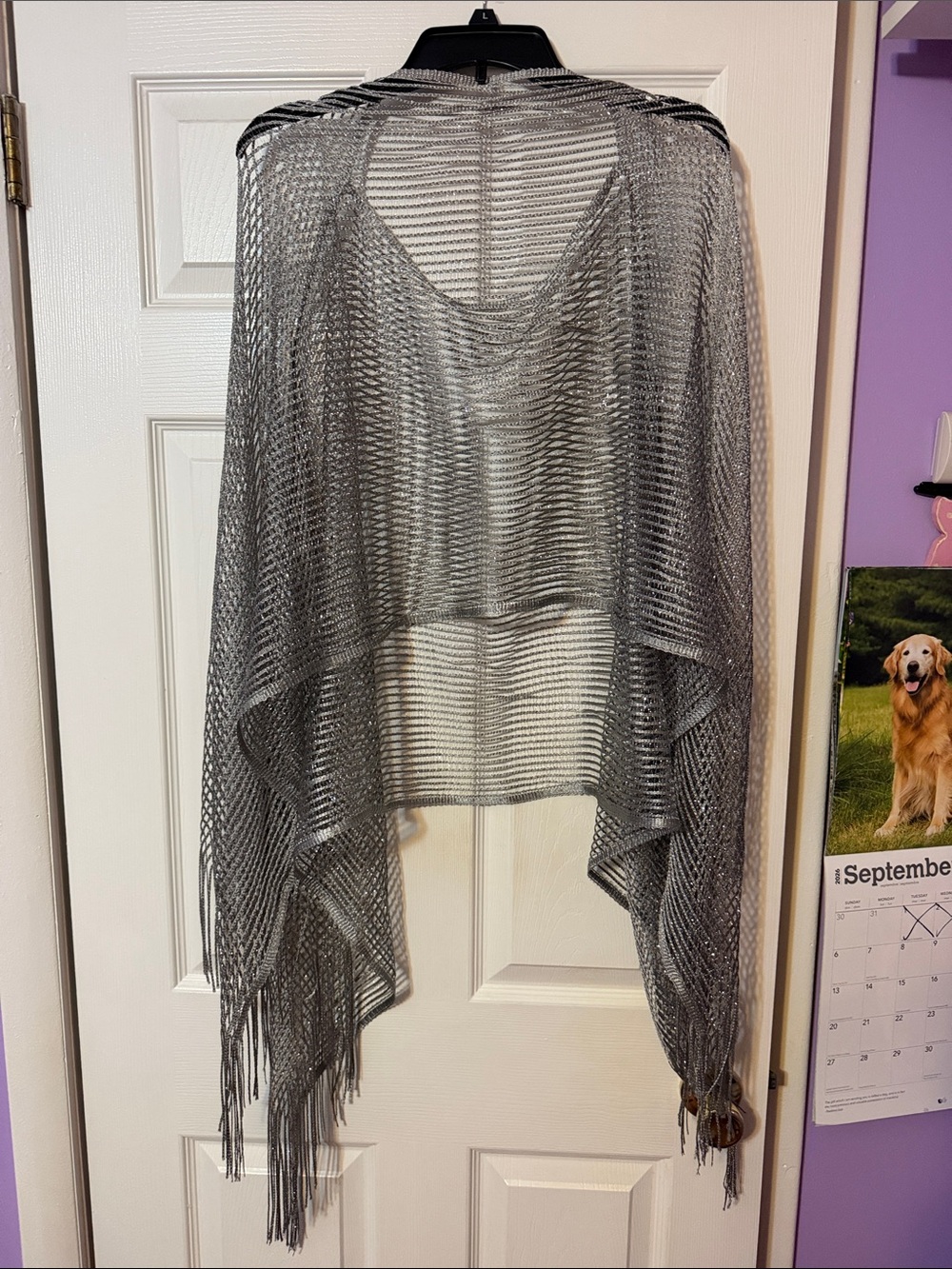 Gray Open-Weave Fringe Shawl Poncho - Unbranded